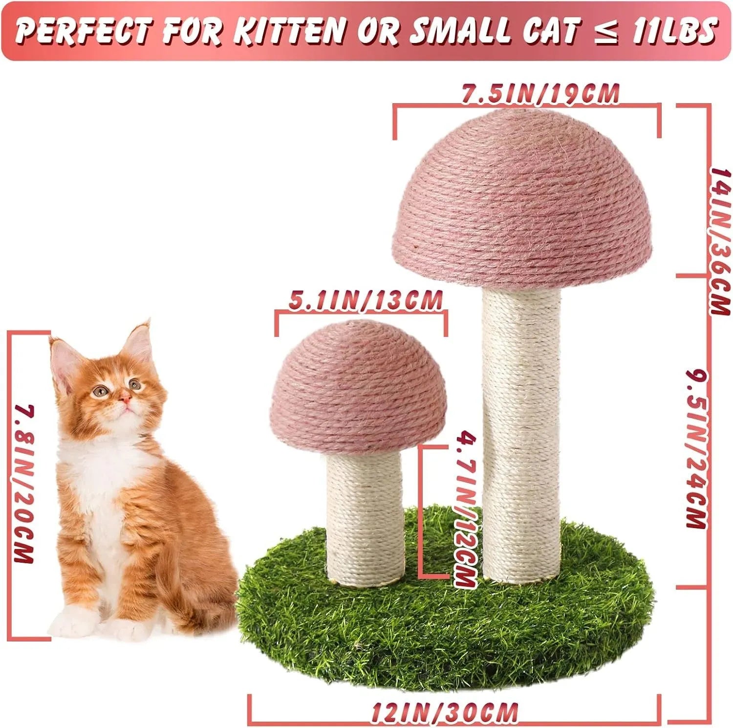 Pink mushroom-shaped cat scratching post with sisal fabric, for small cats and kittens.