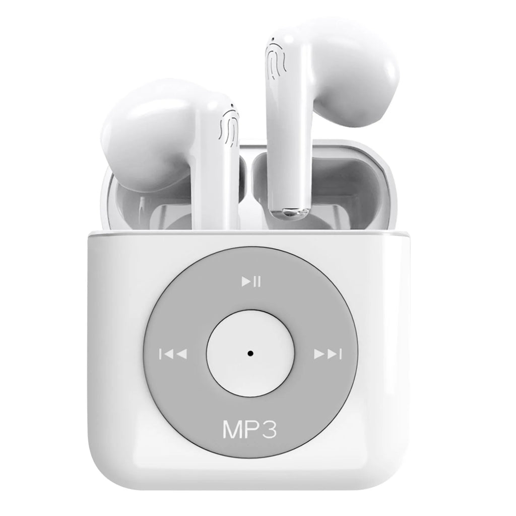 White wireless Bluetooth earphones with semi in-ear design and a matching white charging case.