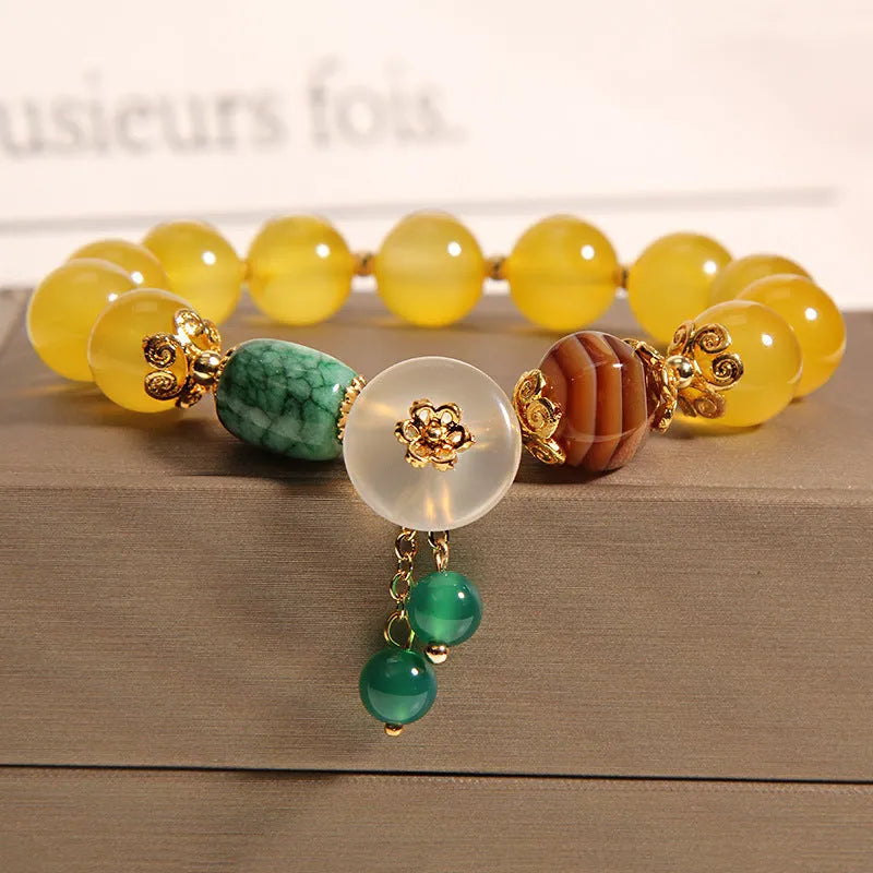 Khaki yellow agate crystal bracelet with gold silk threading and Japanese South Korean style design