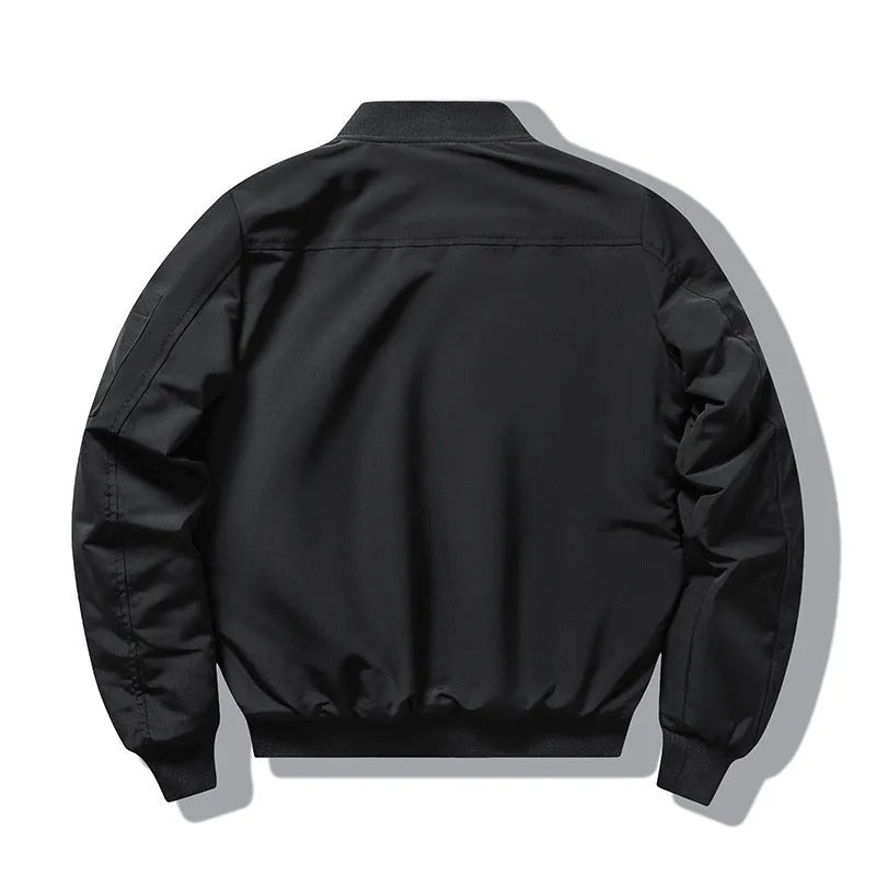 Men's slim-fit black retro motorcycle jacket with stand collar and patch pockets