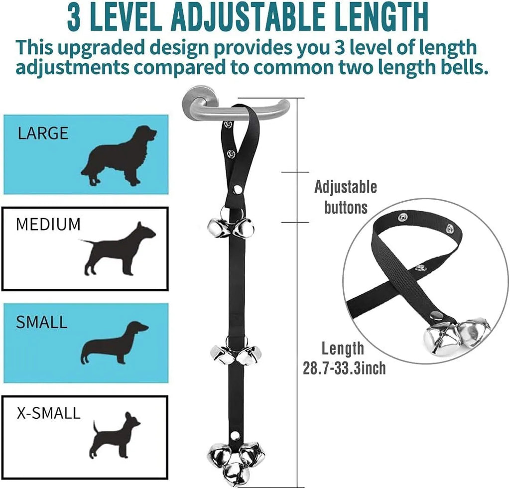 Adjustable dog training doorbell with silver metal bells on nylon strap for potty training
