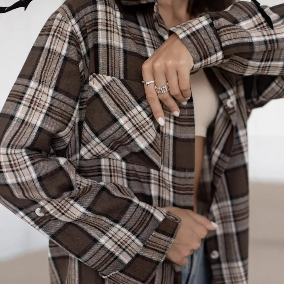 Women's dark brown striped long sleeve retro shirt with regular collar and trueran cotton fabric
