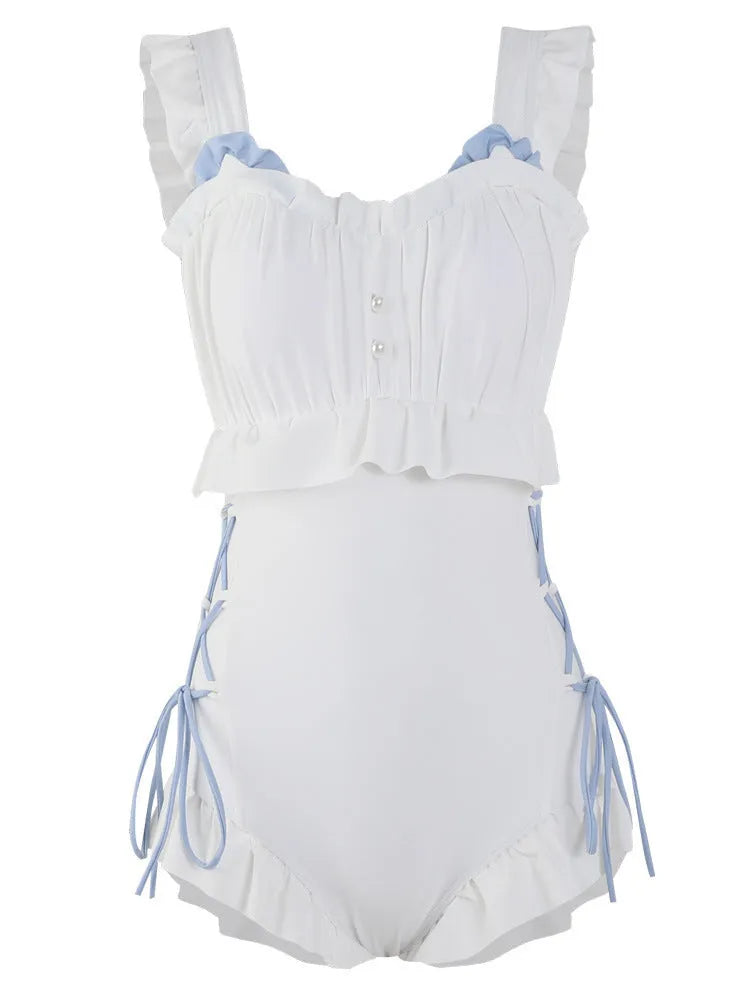 Women's milky white backless one-piece swimsuit made of nylon for swimming and fitness.