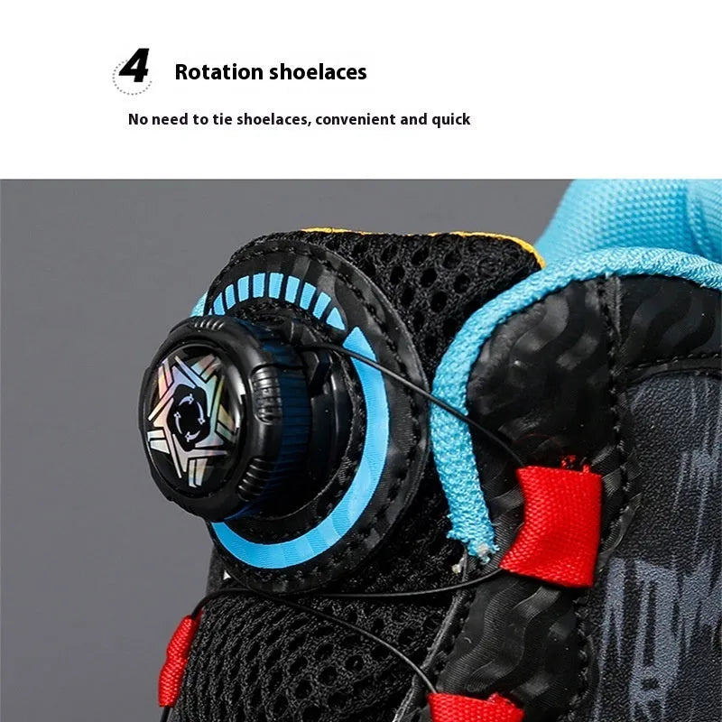 Colour options of kids' rotating button basketball shoes with synthetic leather upper