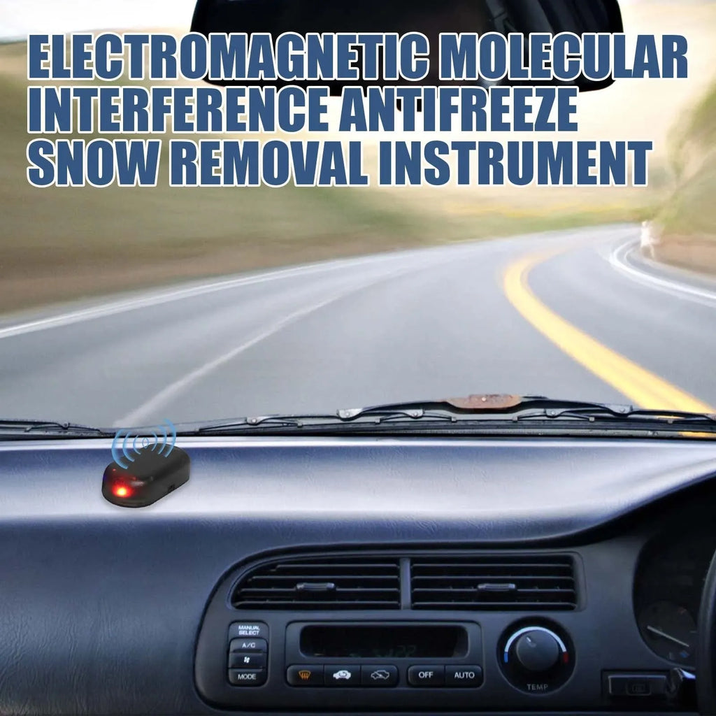 Small black plastic handheld car deicer tool with special glass for melting snow and ice.