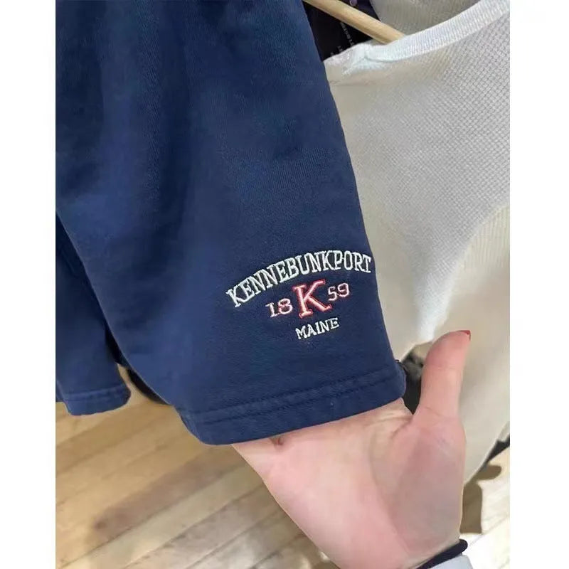 Women's dark blue cotton high-top sports hot pants with white flag embroidery and free-size fit