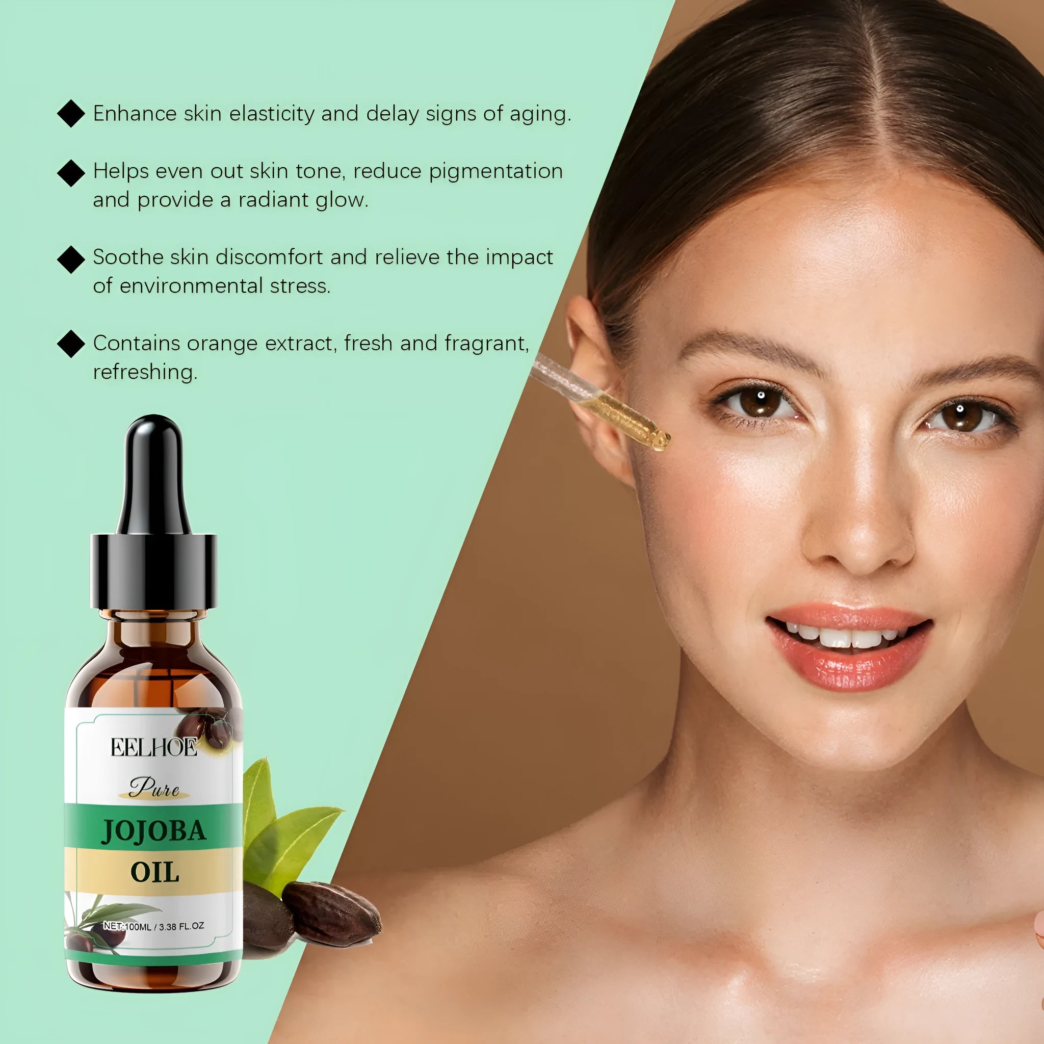 100ml amber glass bottle of organic jojoba facial oil with vitamin E.