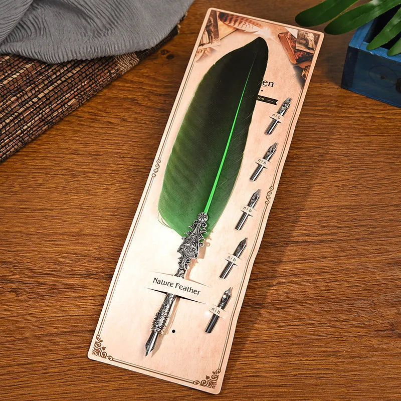 Vintage feather dip pen in 10 colours with zinc alloy construction and 30cm length