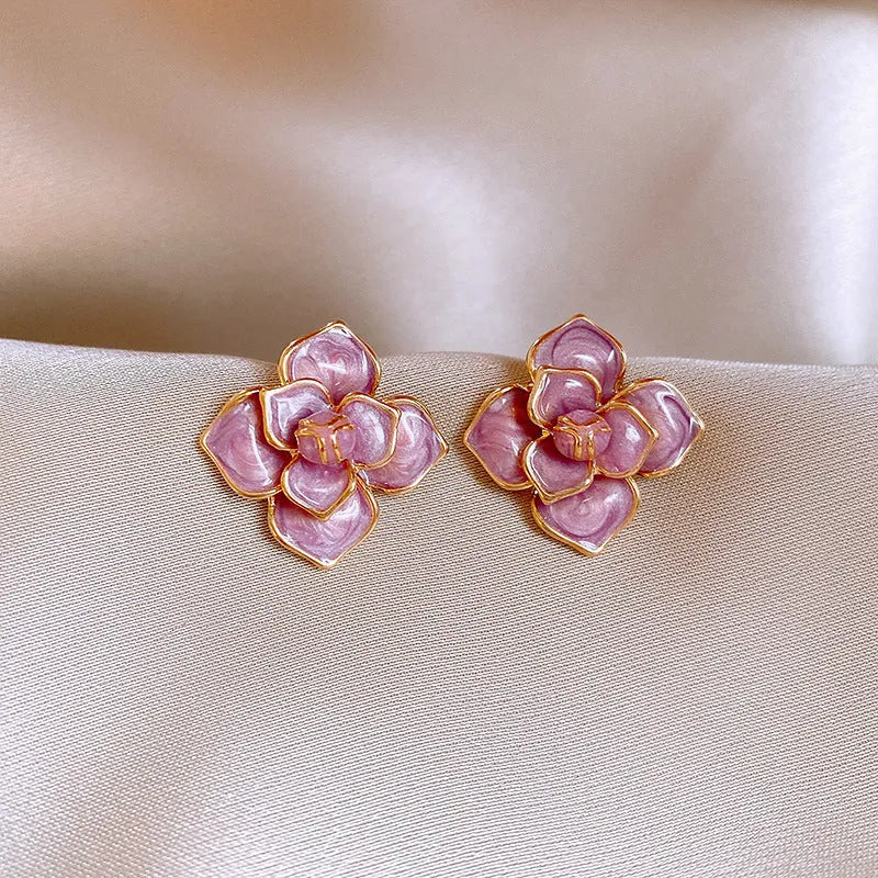 Purple oil-spot glaze flower stud earrings with gold-plated silver needle finish on copper base