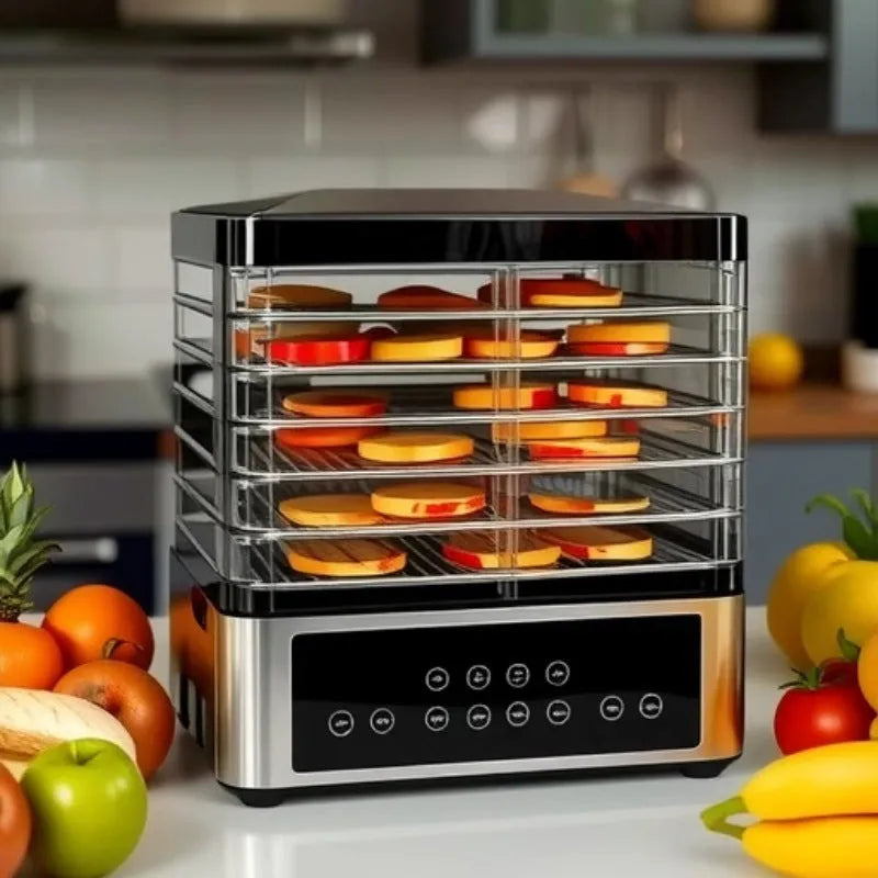 Silver stainless steel household fruit dehydrator with 14-litre capacity