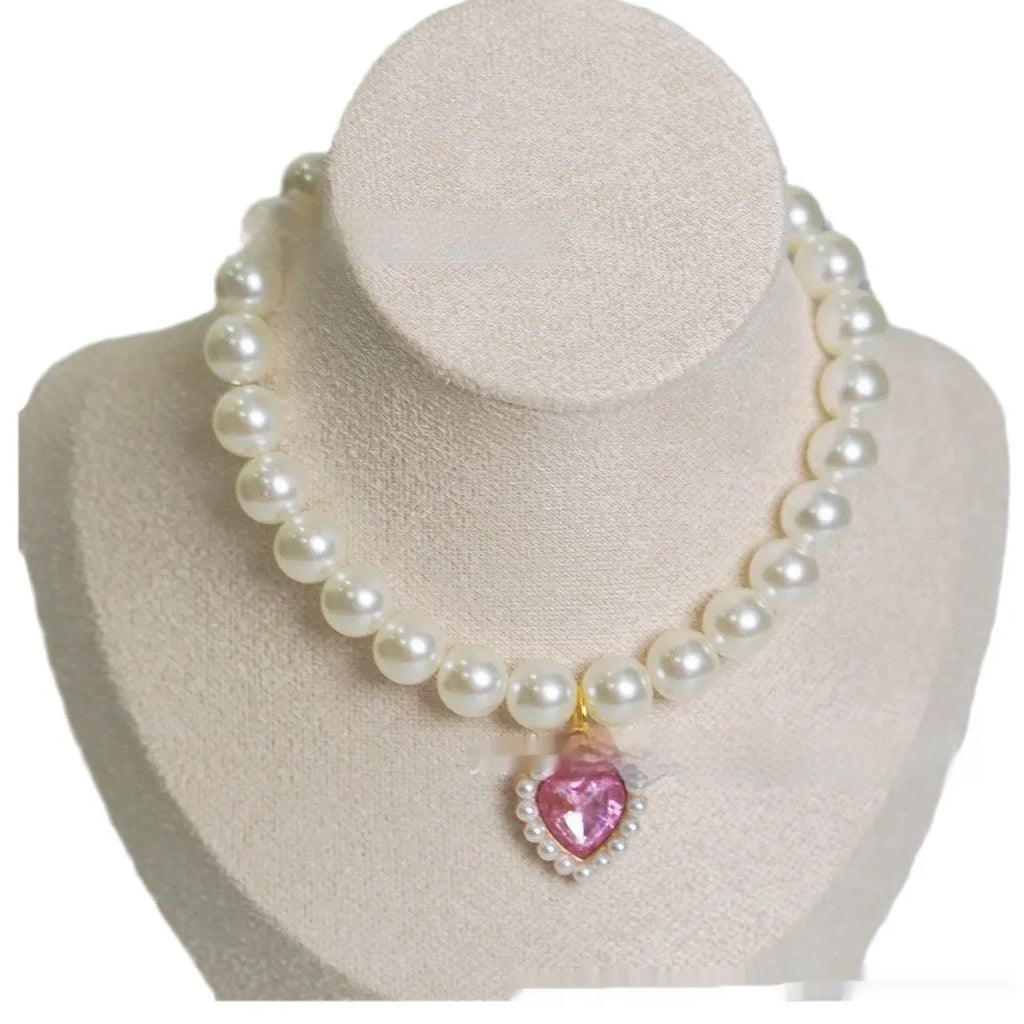 Pearl necklace cat collar with love gem charm in monochrome, available in six colours and 15-30cm sizes