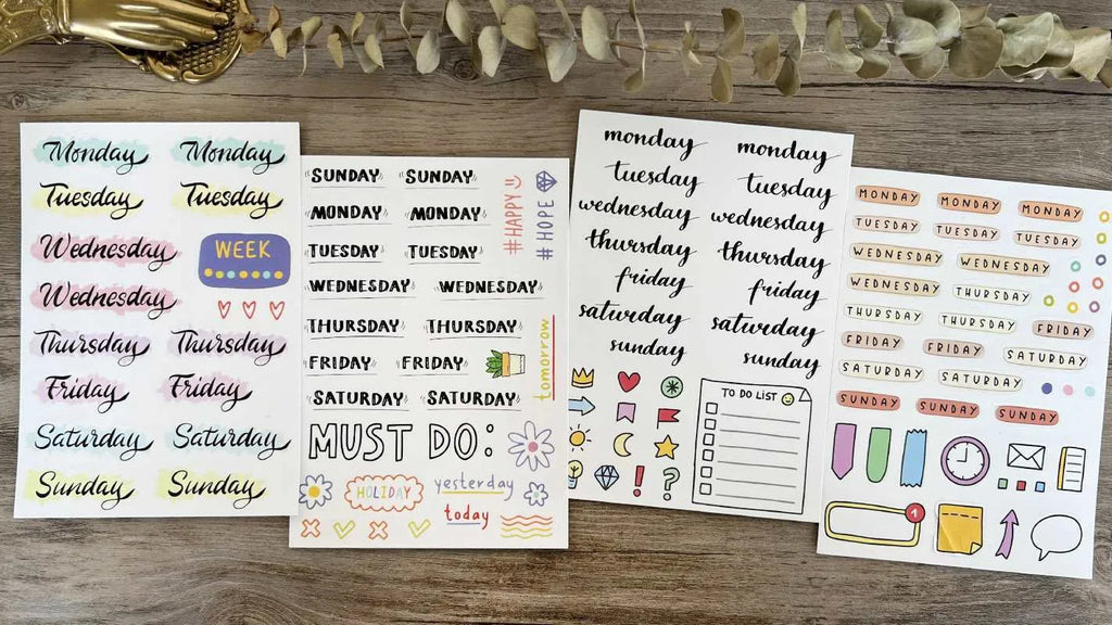 English letters and numbers symbol label stickers showing A, B, C, D, E letters and weekly words in cute printed style