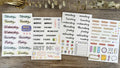 English letters and numbers symbol label stickers showing A, B, C, D, E letters and weekly words in cute printed style