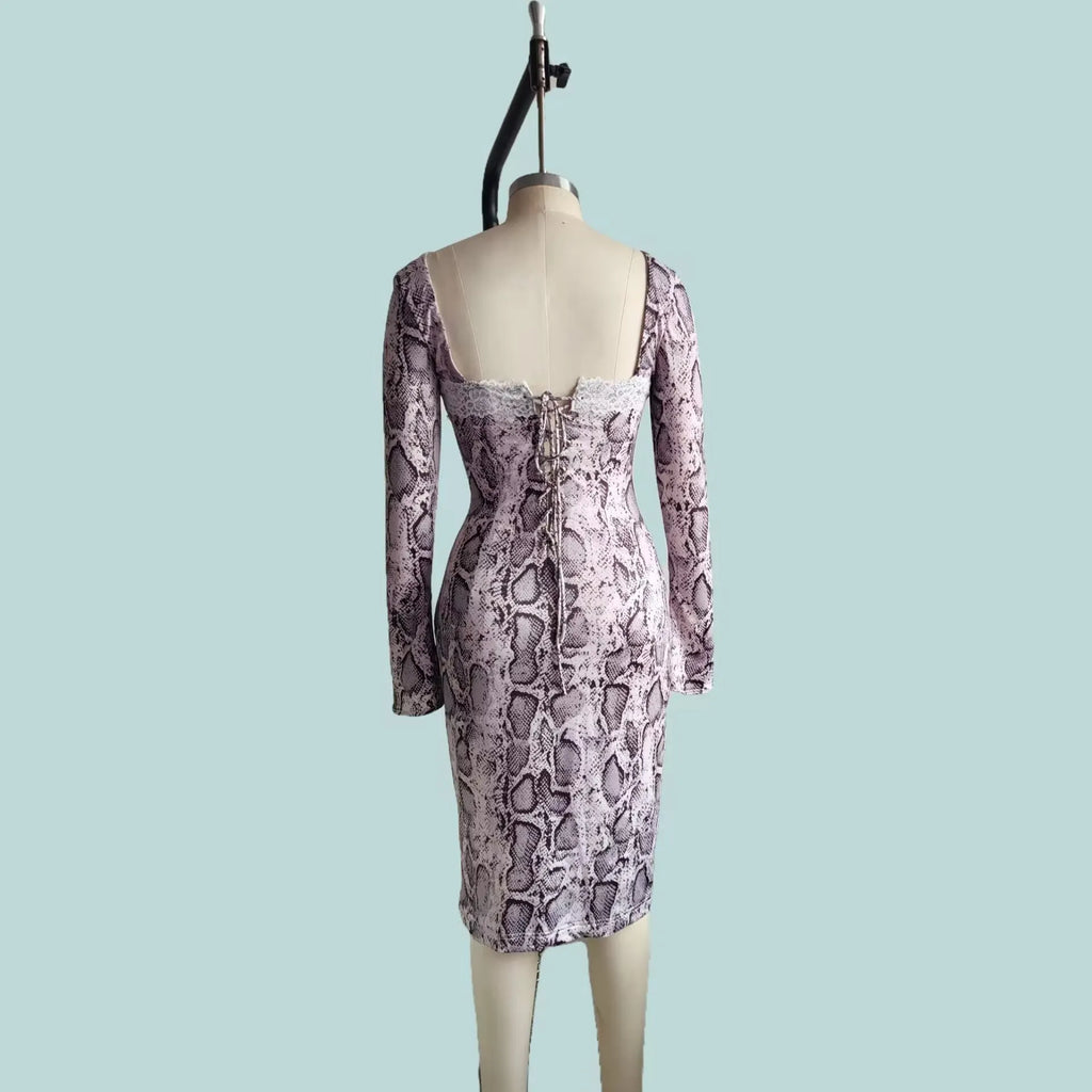Grey slim fit lace dress with digital printed 3D pattern and A-line skirt