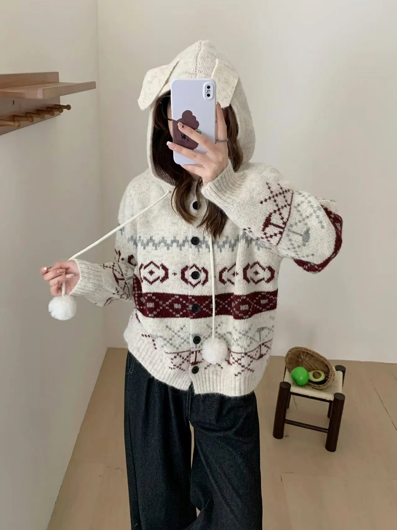 Plus size women's loose fit brocade sweater coat with geometric pattern in milky white