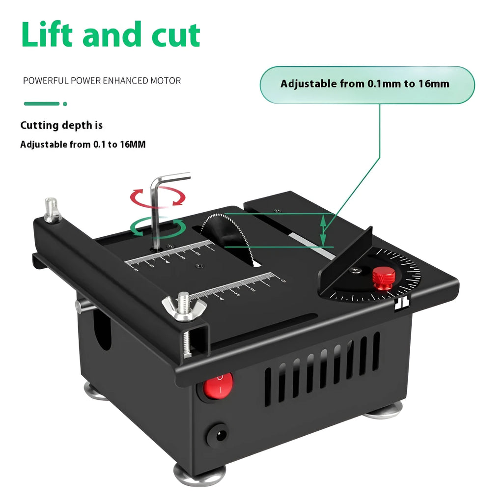 Compact metal desktop micro saw with lithium ion battery and 5-in-1 angle cutting head.