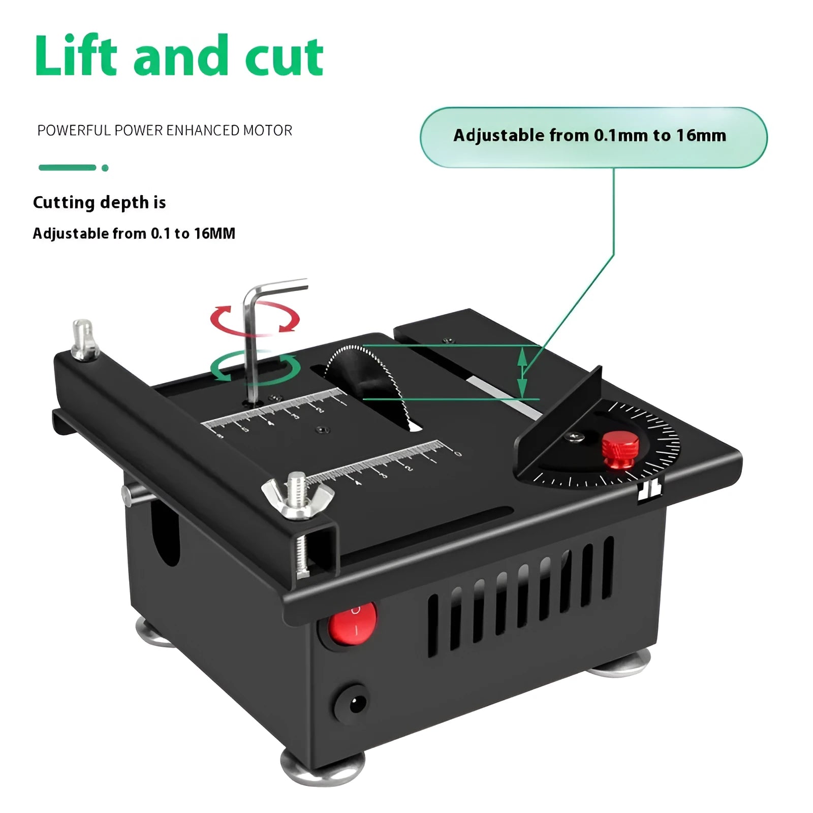 Compact metal desktop micro saw with lithium ion battery and 5-in-1 angle cutting head.