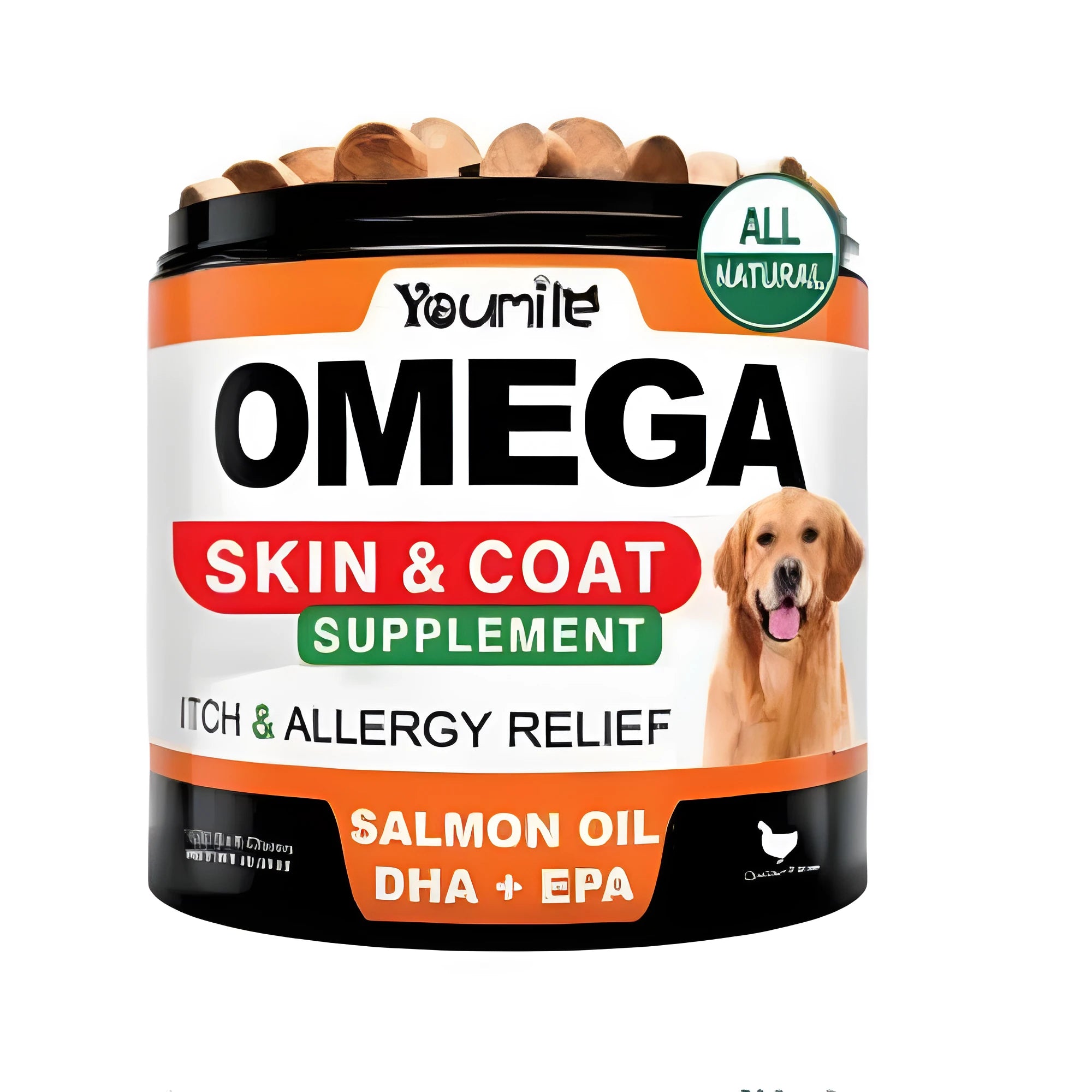 Bottle of 120 fish oil chewing capsules supplement with omega-3 EPA and DHA