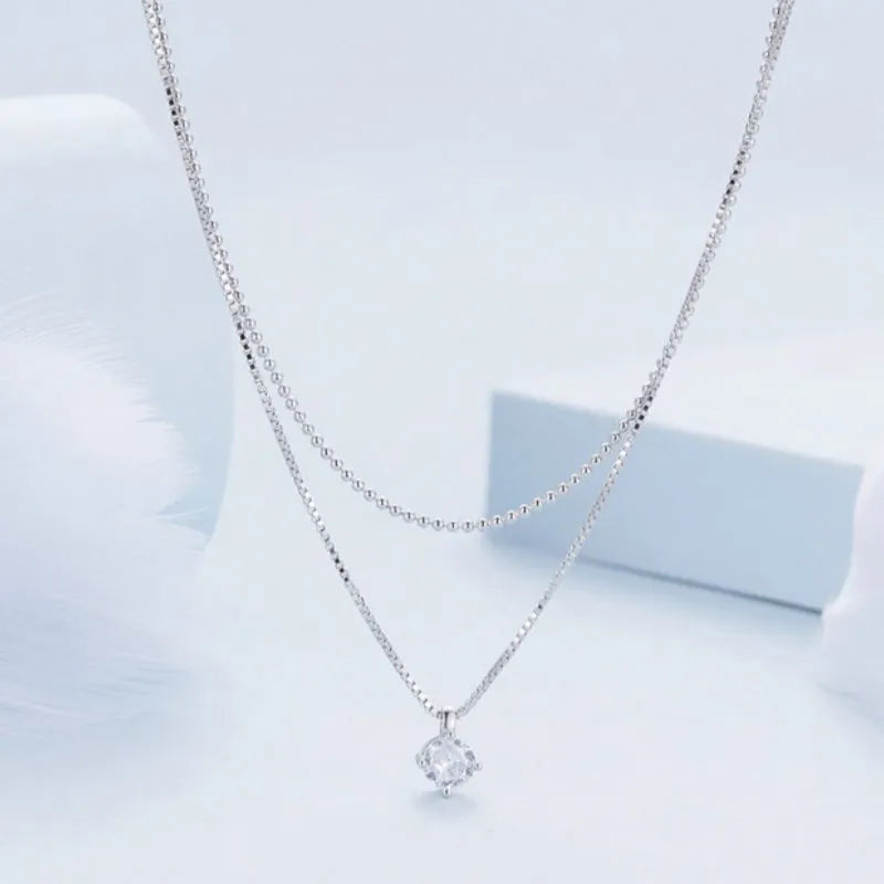 Silver double-layer necklace with S925 sterling silver pendant and pearl chain design