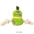 Green and purple interactive dog plush toy with integrated rope knot for tug-of-war games.