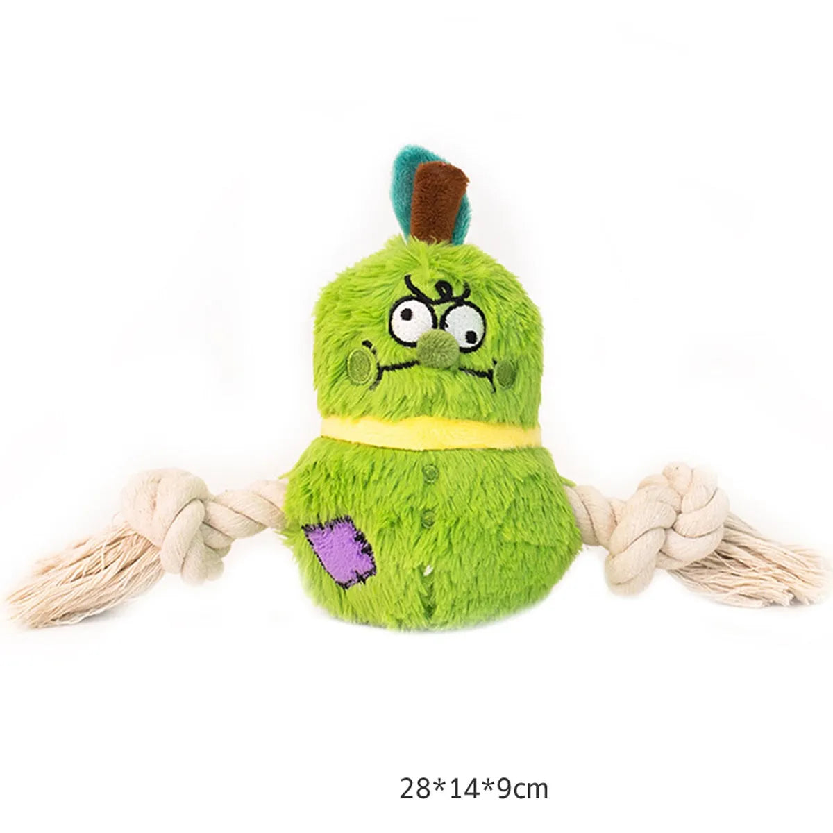 Green and purple interactive dog plush toy with integrated rope knot for tug-of-war games.