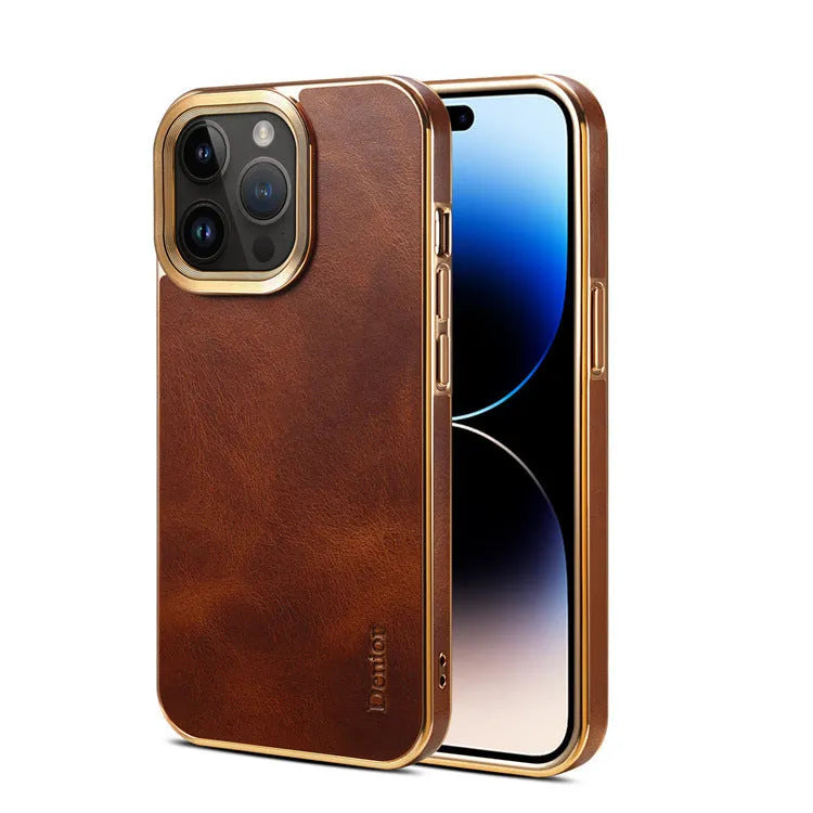 Handmade vintage leather phone case for iPhone showing slim profile and precise cutouts