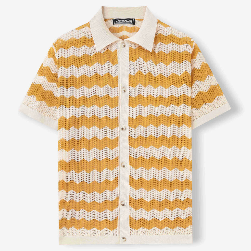 Yellow American-style corrugated short-sleeve sweater with flocking detail on a hanger