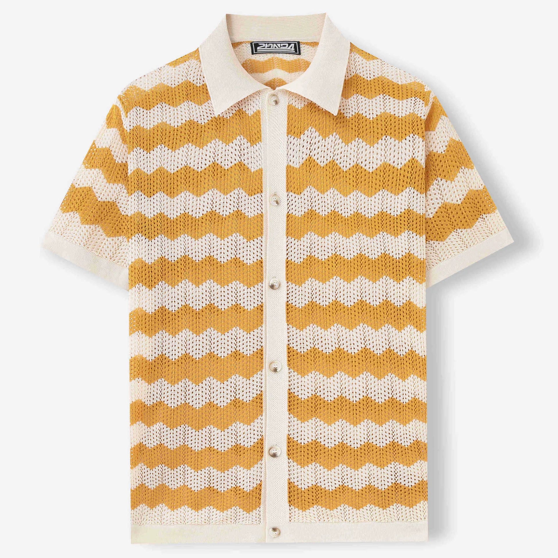 Yellow American-style corrugated short-sleeve sweater with flocking detail on a hanger