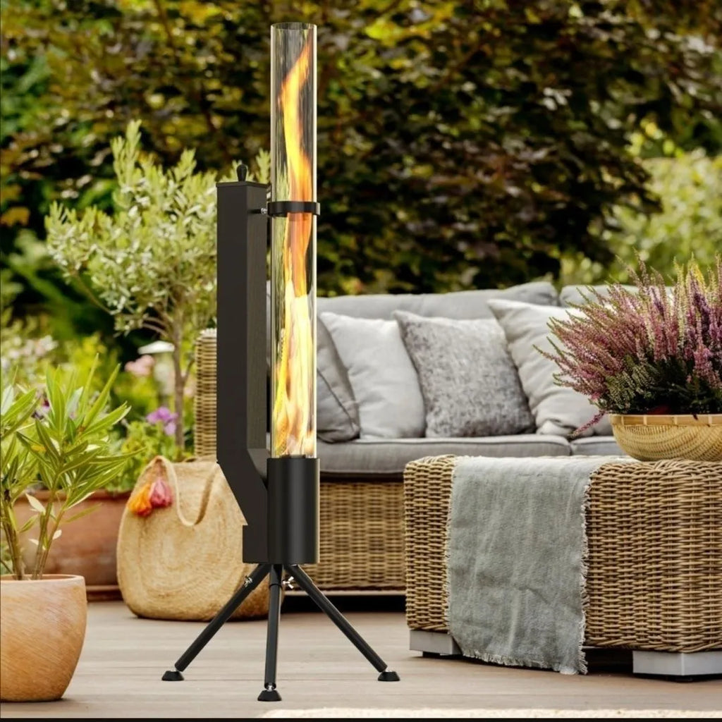 Vertical cast iron wood burning rocket furnace stove for outdoor patio and courtyard heating.