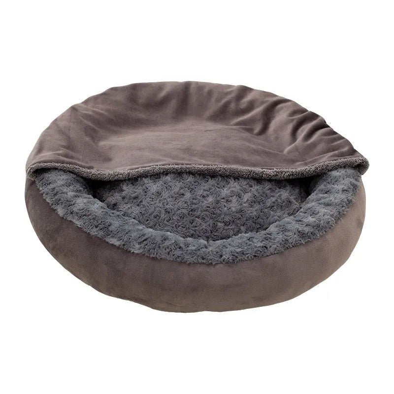 Round dark grey cat bed with thickened flannel surface, available in 50cm, 60cm and 70cm diameters