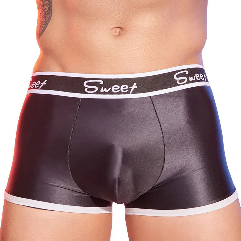 Men's shiny silky nylon boxer underwear in black, white, and sapphire blue colours