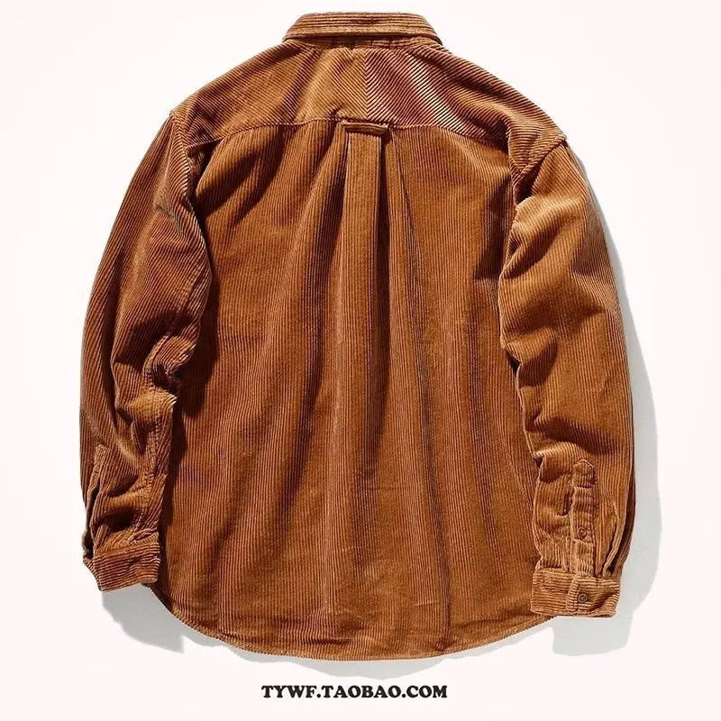 Japanese Hong Kong style corduroy shirt with loose fit and cardigan design in caramel colour