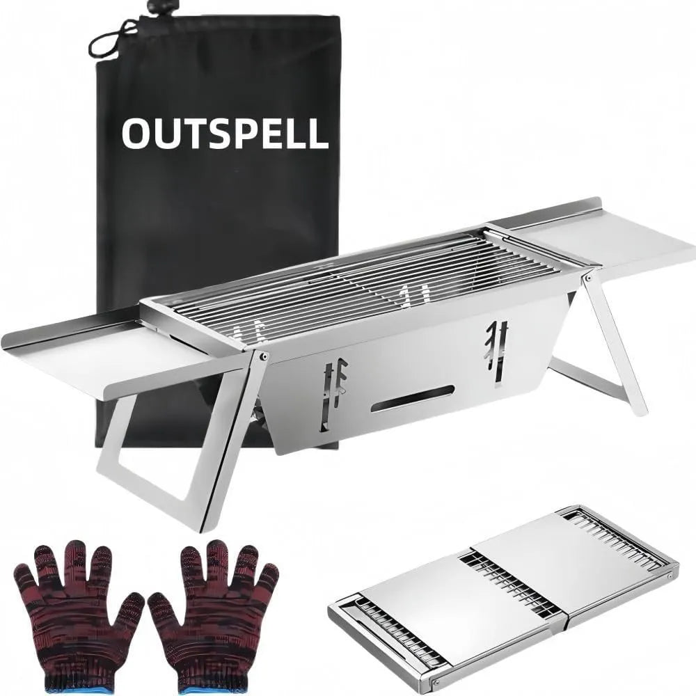 Small foldable portable charcoal grill shown open for use and folded for carrying.