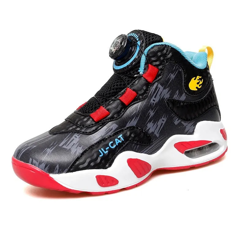 Colour options of kids' rotating button basketball shoes with synthetic leather upper