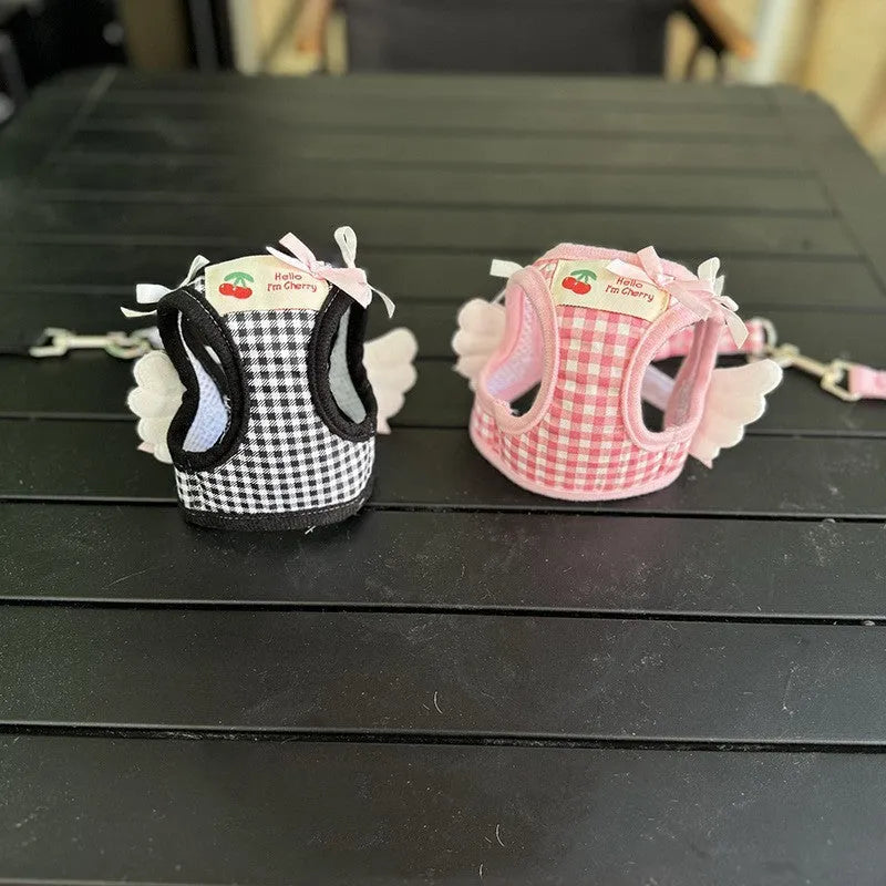 Small dog harness with chest and back attachment points in cotton fabric, pink or black colour options