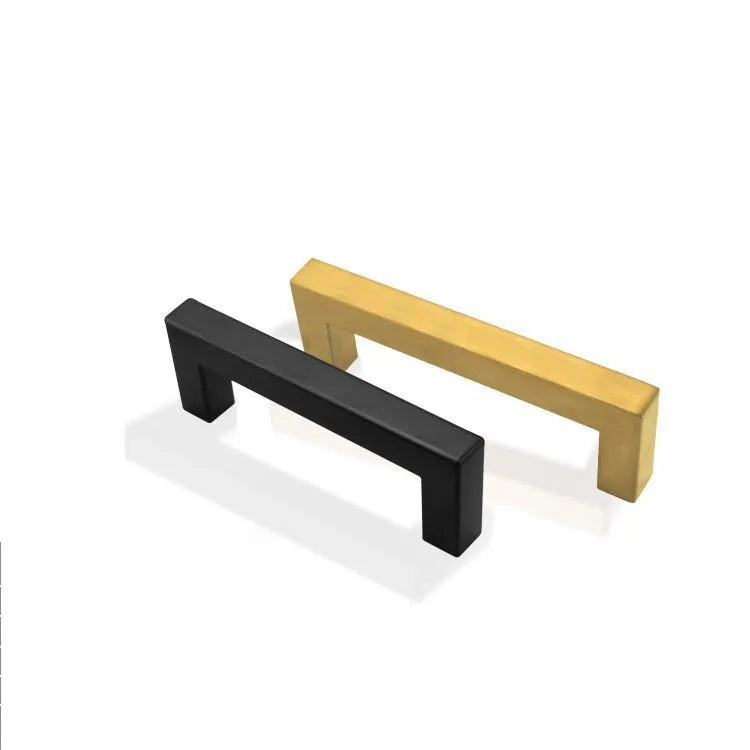 Stainless steel square pipe door handle for cabinets in brushed silver, black, or gold finish.