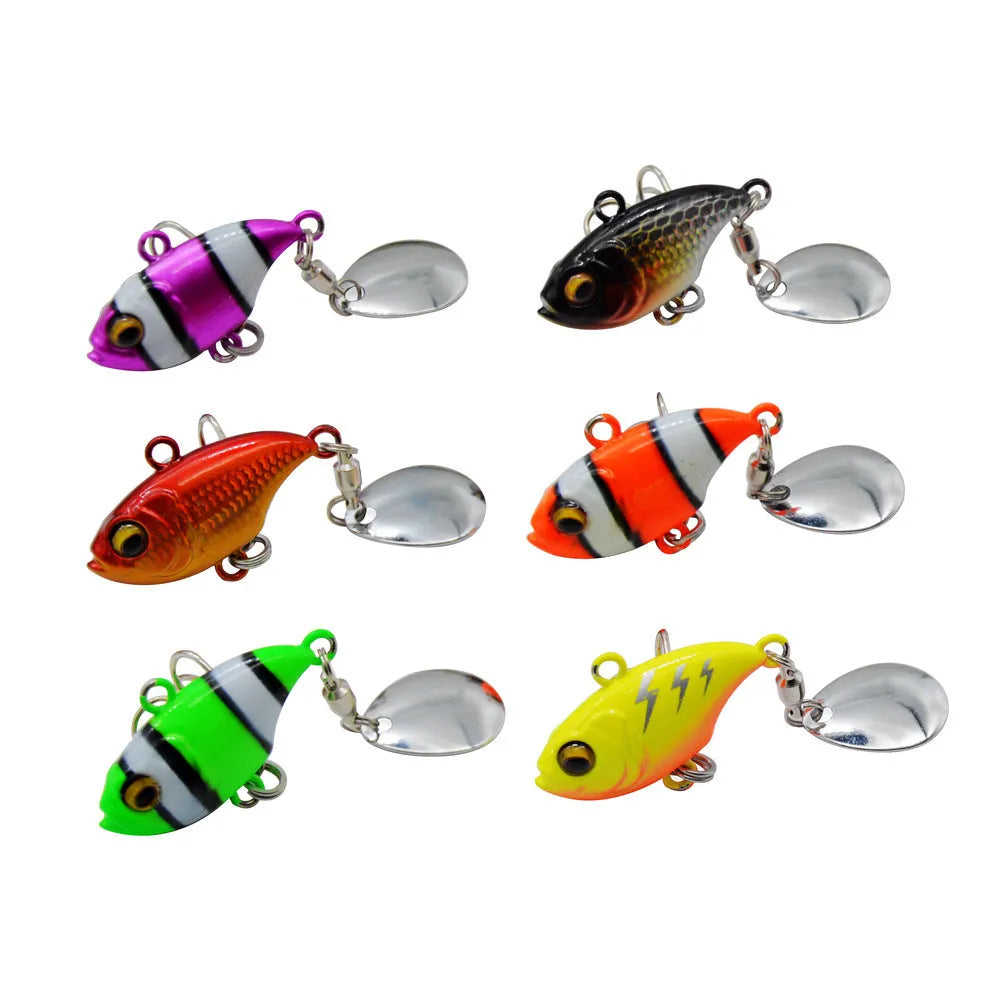 Metal sea fishing spinnerbait lure with rotating sequins showing six colour pattern options