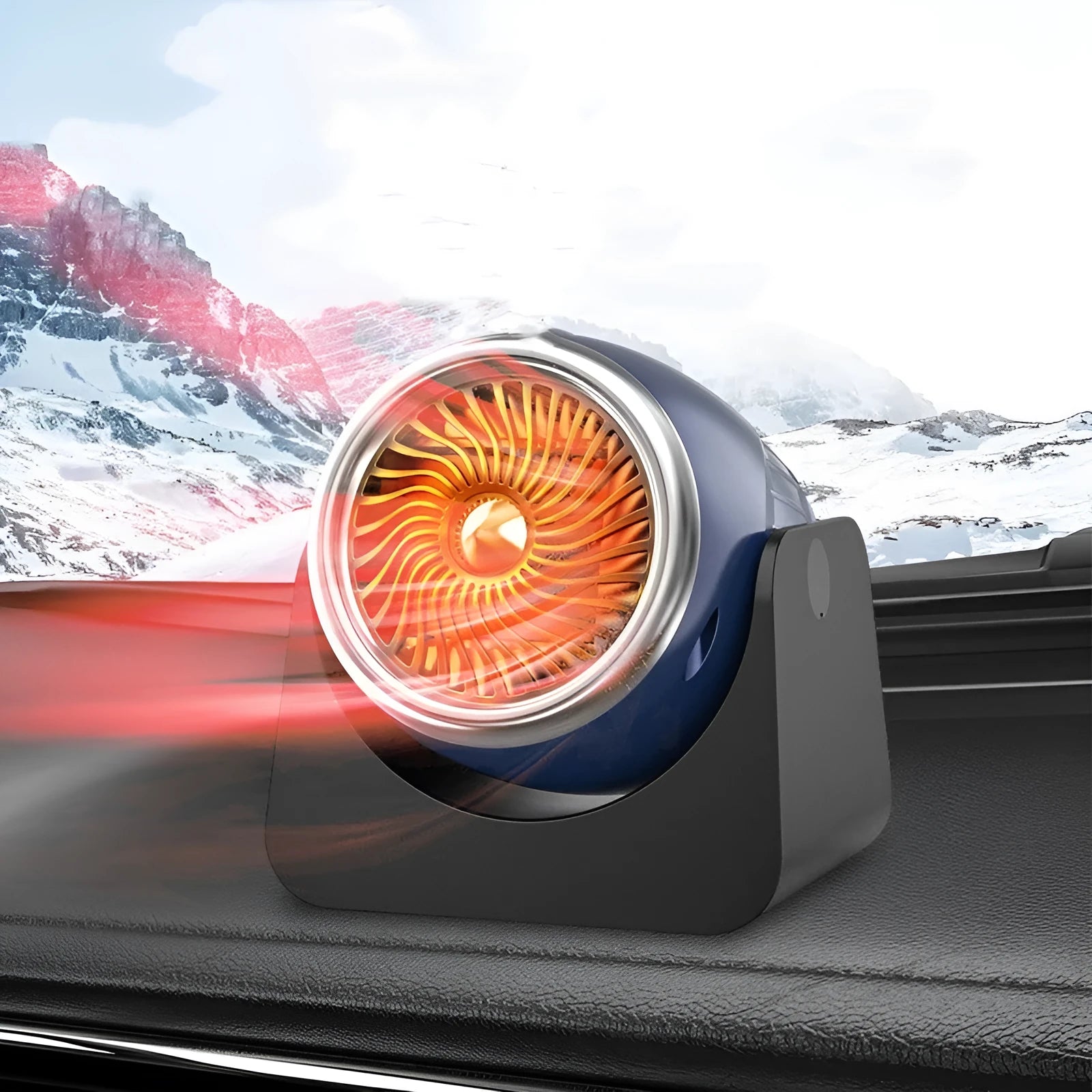 Navy blue 12V car heating fan with adjustable nozzle for defrosting windows and warming car interiors.