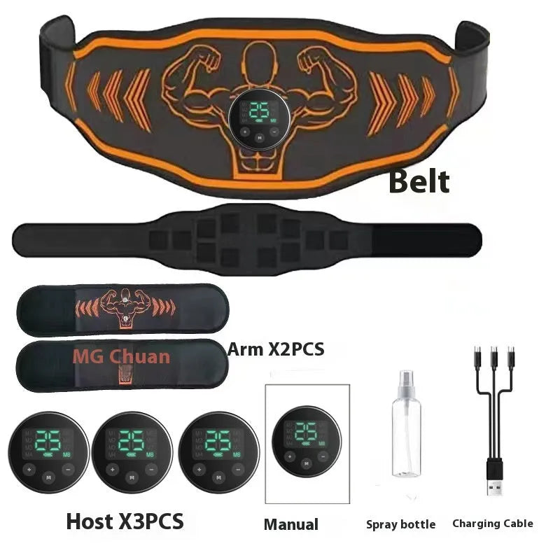 Smart EMS massage belt fitness equipment with rechargeable control unit and blue/orange colour options