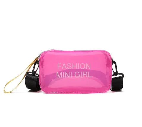 Transparent square jelly shoulder bag with adjustable strap in various colours on a white background.