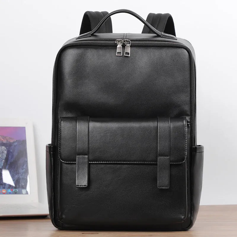 Men's black leather computer backpack with 36-55L capacity and physiological curve back plate
