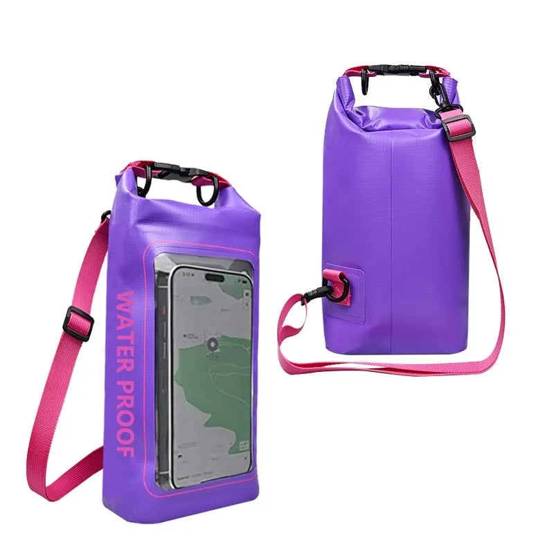 Waterproof crossbody dry bag for mobile phones in multiple colours, shown in 2L and 5L sizes.