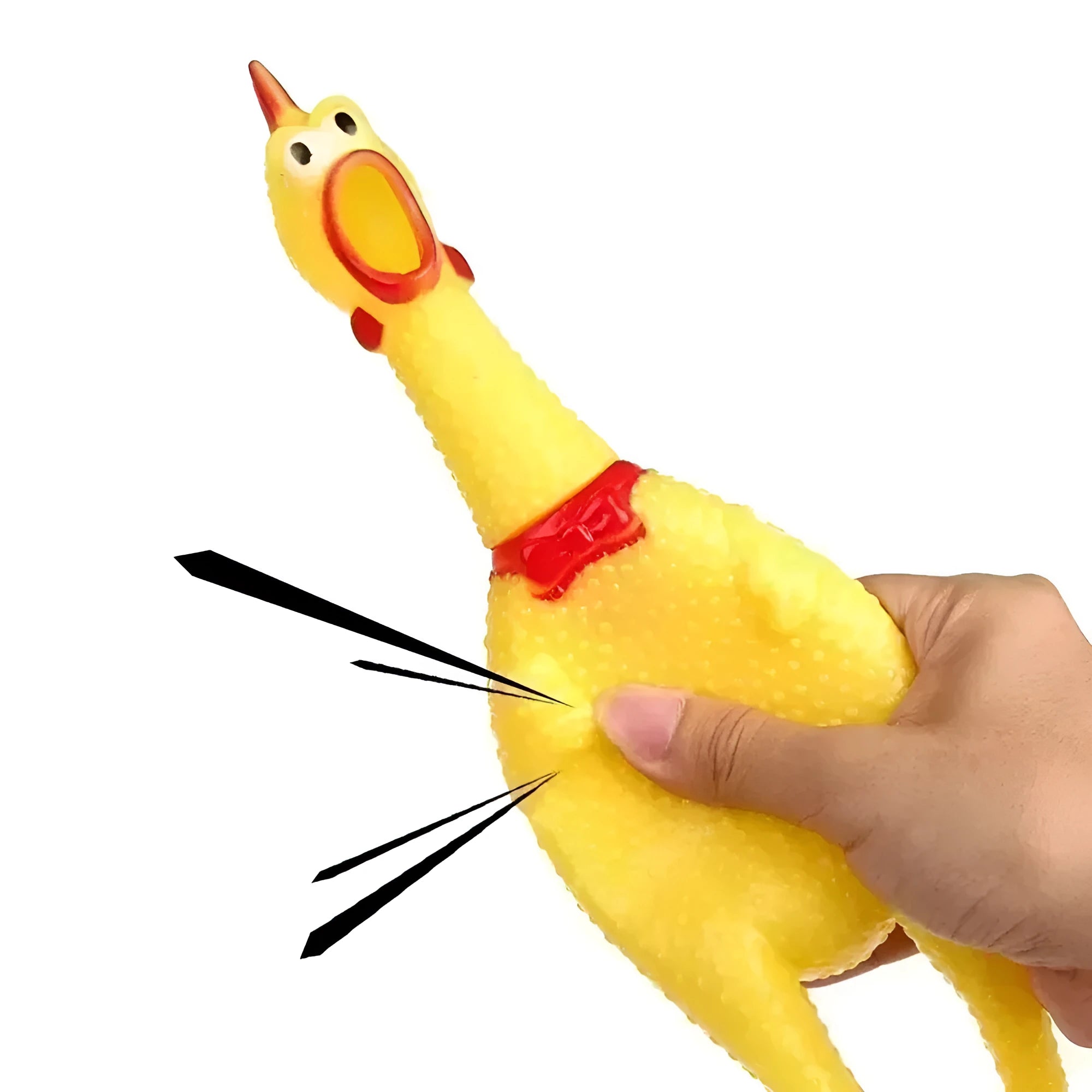 Yellow rubber screaming chicken dog squeak toy shown in three sizes: small, medium, and large