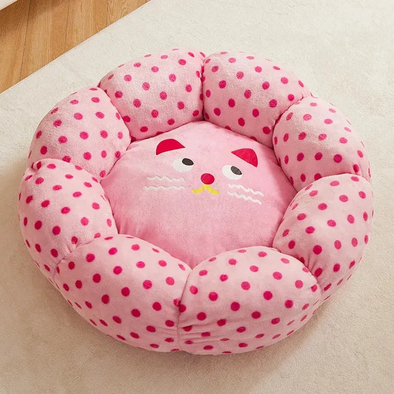 Pink dot fabric princess-style cat bed cushion shown in two sizes for small and medium cats.
