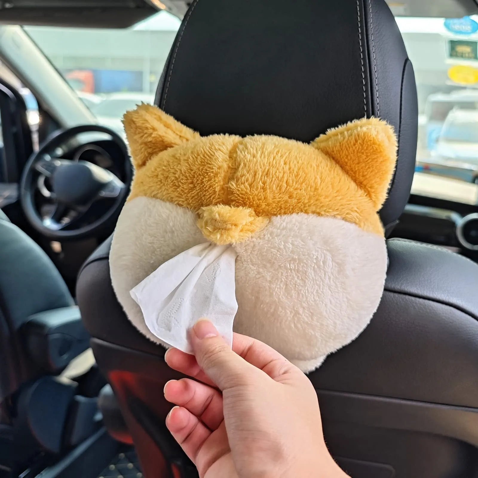 Yellow corgi butt shaped soft tissue box cover with elastic hanging loop.