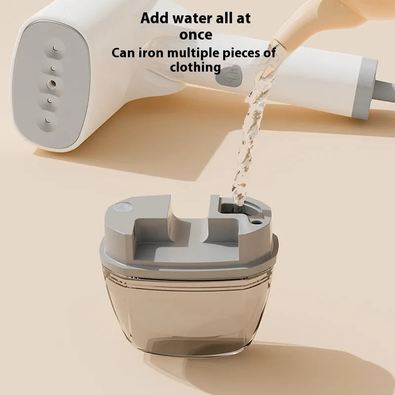 Blue or white handheld garment steamer with compact design and mechanical controls