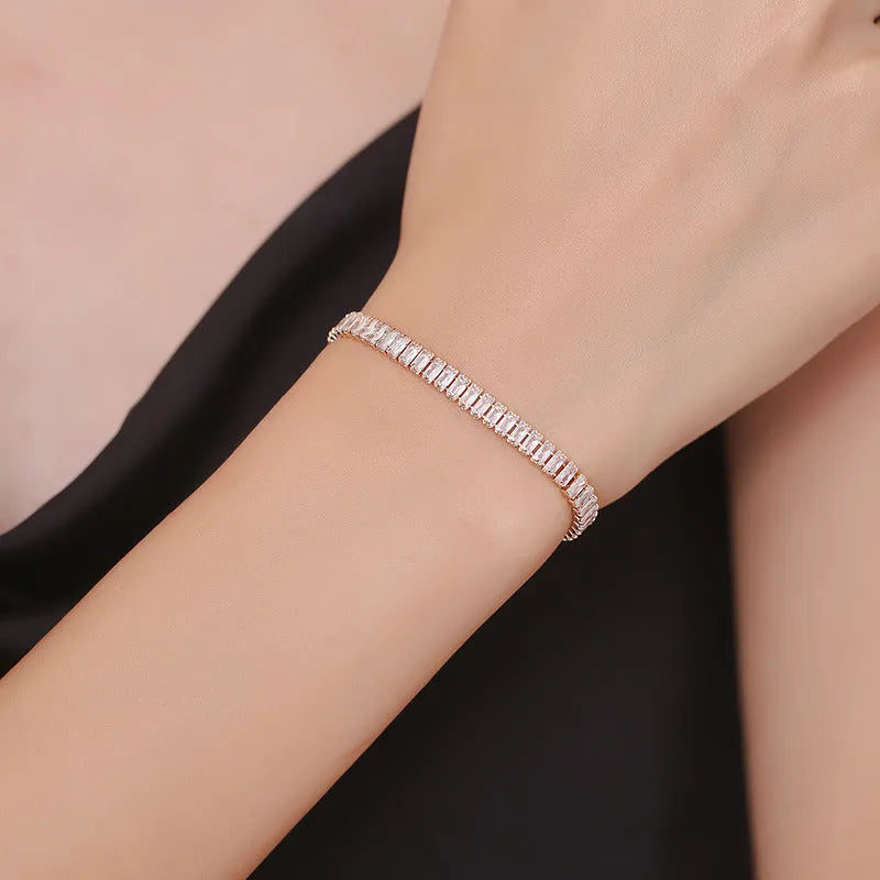 Rectangular brass women's bracelet with full diamond zircon design in champagne gold colour