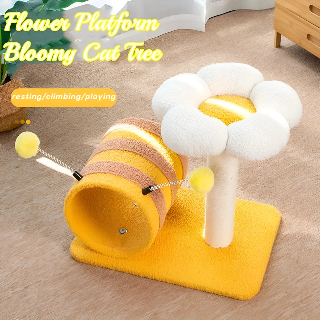 Yellow cat scratching post and climbing frame with sisal board and integrated tunnel.