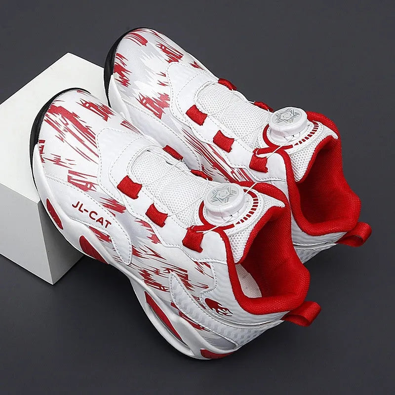 Colour options of kids' rotating button basketball shoes with synthetic leather upper