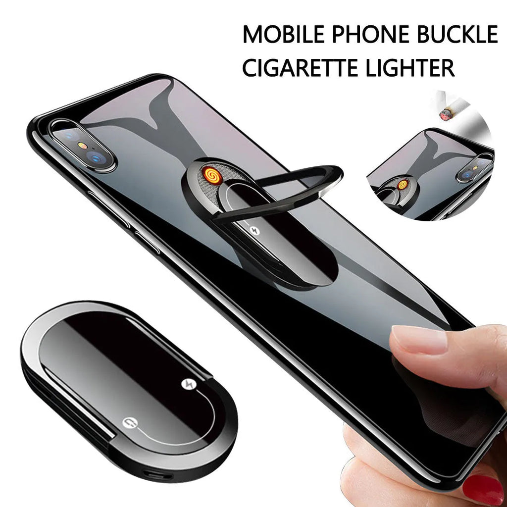 2 in 1 USB plasma lighter and mobile phone holder in aluminium alloy, black ice colour, with ring buckle and USB charging cable